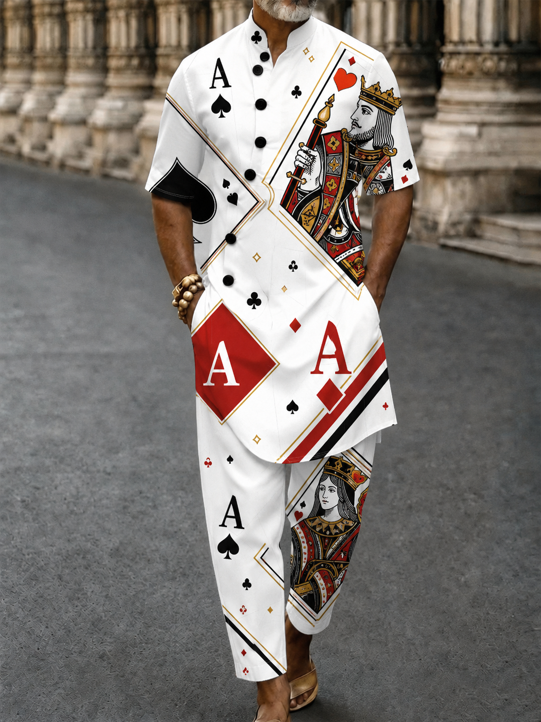 Men's Poker Card Art Casual Vacation Cotton Shirt Set